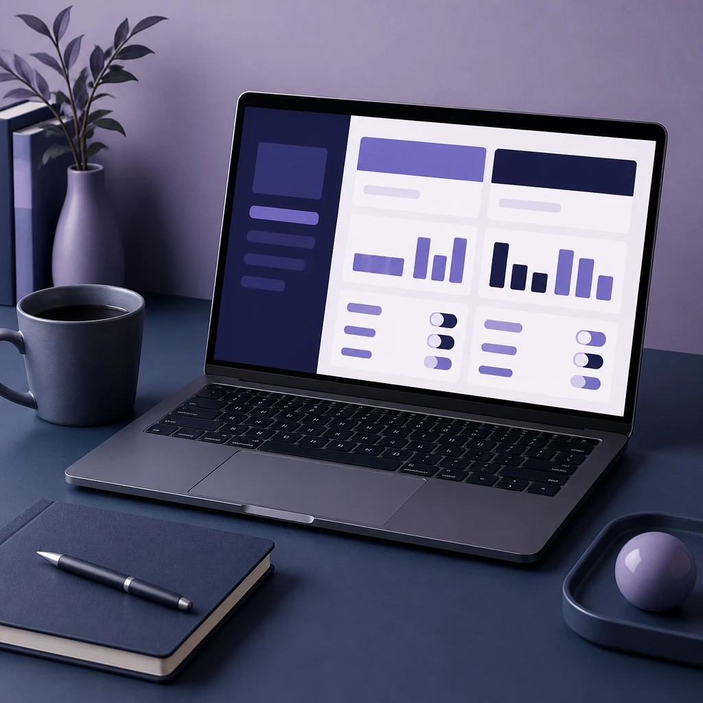 Workspace with a laptop showing a software comparison dashboard