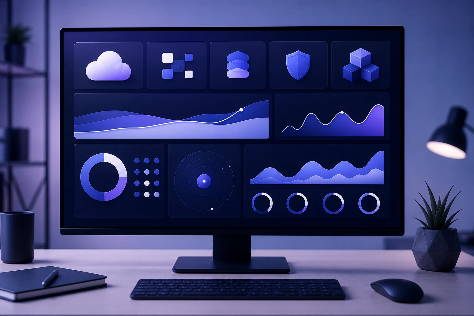 Cloud service dashboard with category tiles and usage charts