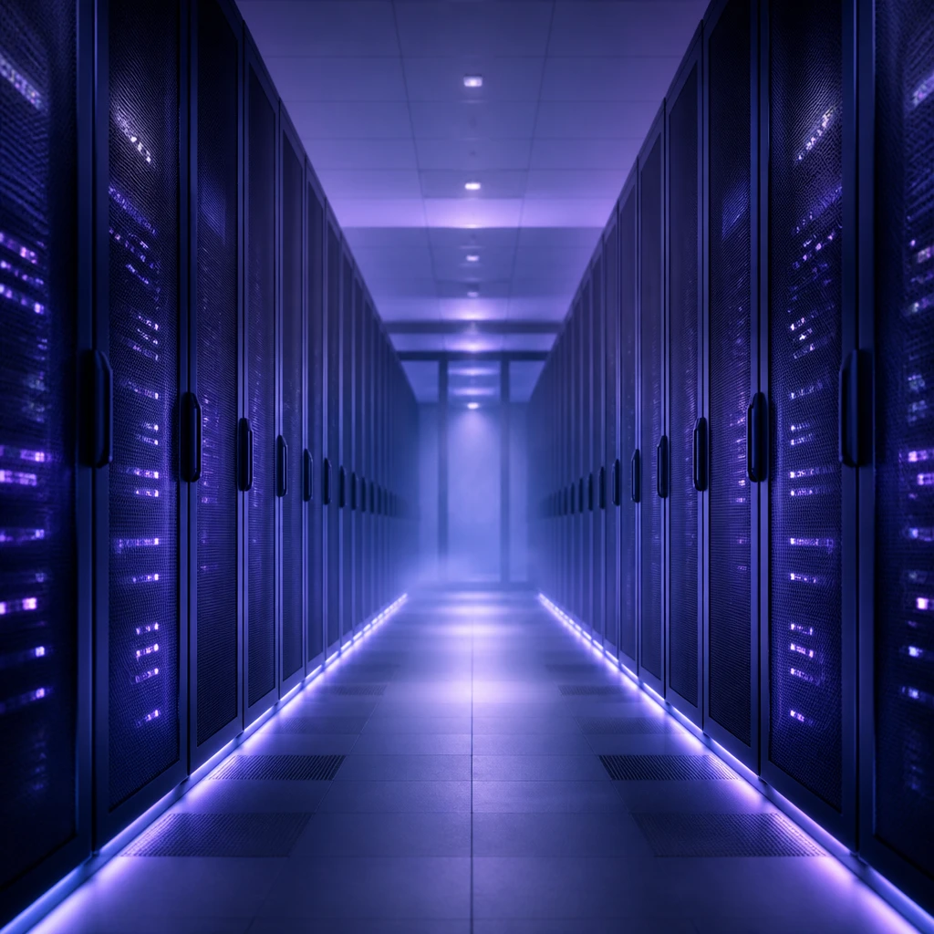 Minimal server racks with soft blue lighting
