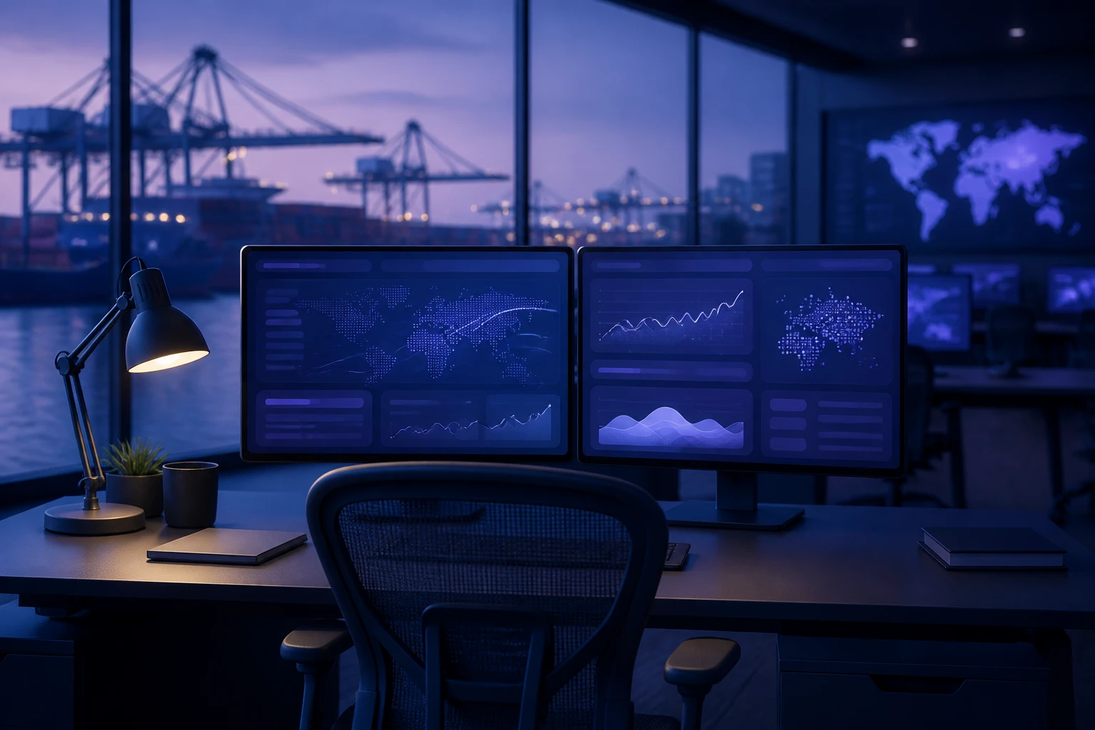 Operations workspace with dashboards on two monitors