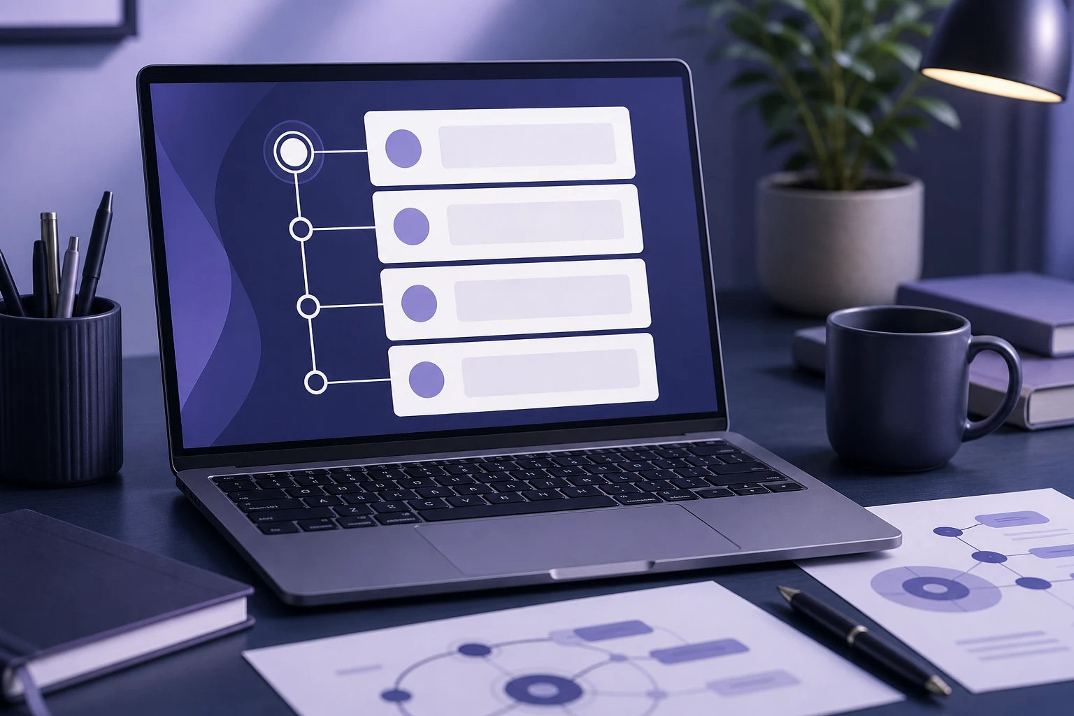 Workspace with a step-by-step software setup guide open