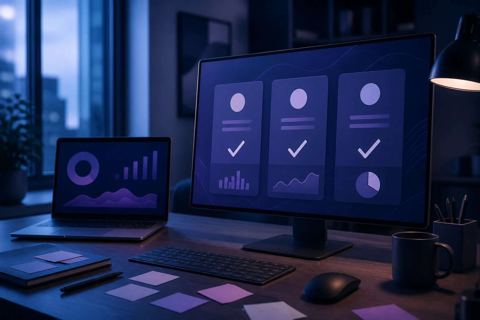Analyst workspace with a shortlist of software options on screen